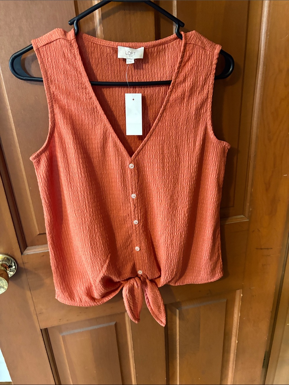 LOFT Tie-Front Sleeveless Button V-Neck Top in Rust Orange